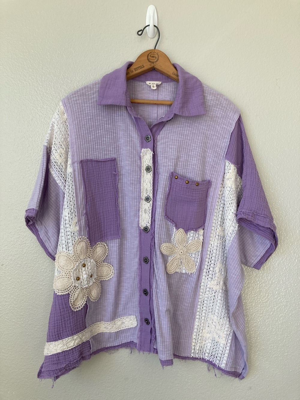 POL oversized crochet lace boxy button front top shirt mixed media gauze sz S